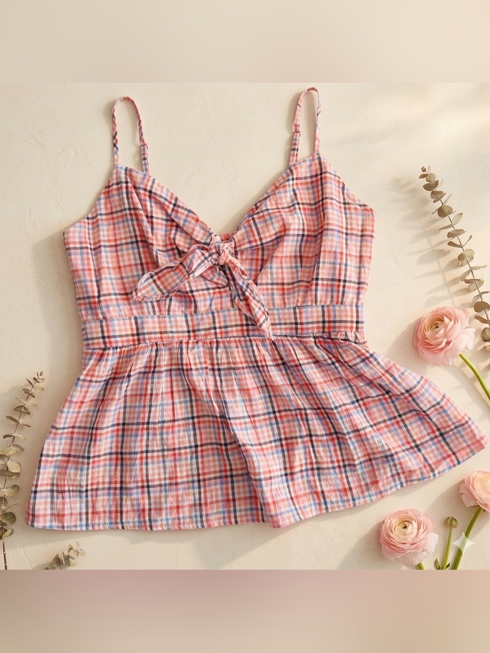 LOFT Plaid Peplum Cami Top XXS – Pink Orange Cotton Blend (fits well for XS/S)